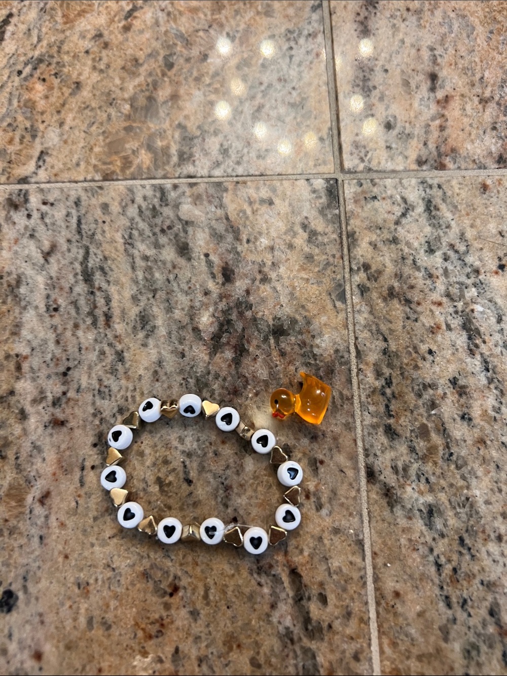 Kids Heart Bead Stretch Bracelet with Amber Duck Charm - White & Gold